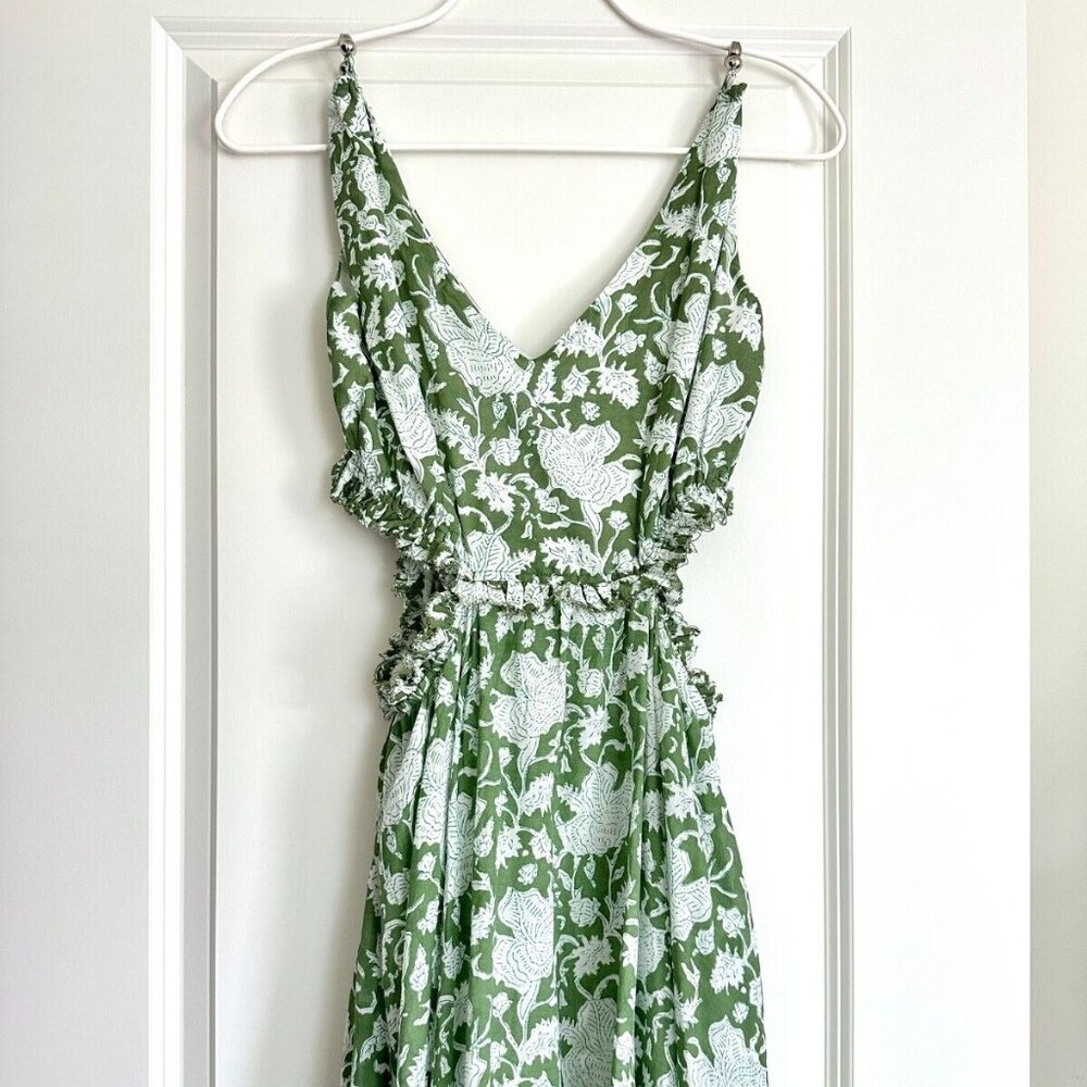 Designer MAJE Green Floral Print Cotton Blend Cutout Maxi Dress Size 36 US S